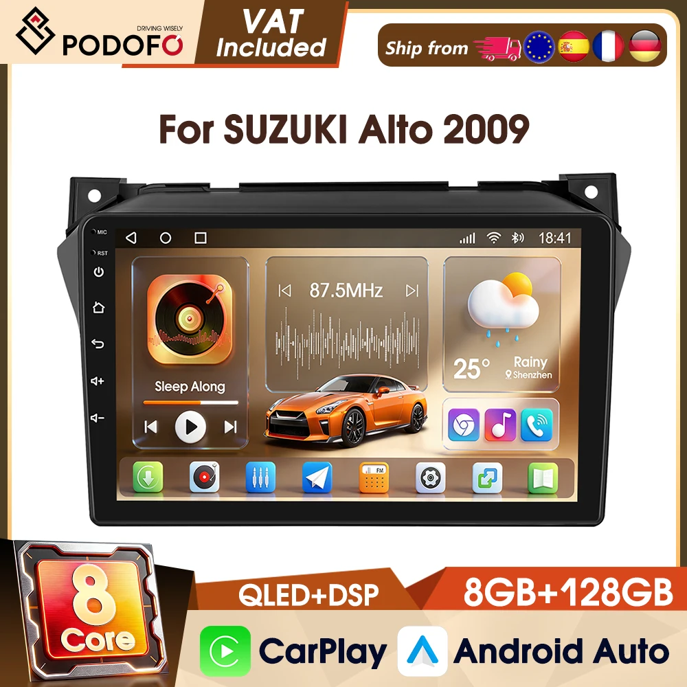 Podofo Android 8-Kern 8+128G Kabelloses CarPlay Autoradio für SUZUKI Alto 2009 2 Din Smart Intelligentes System Android Auto Multimedia-Player WIFI GPS-Navigation