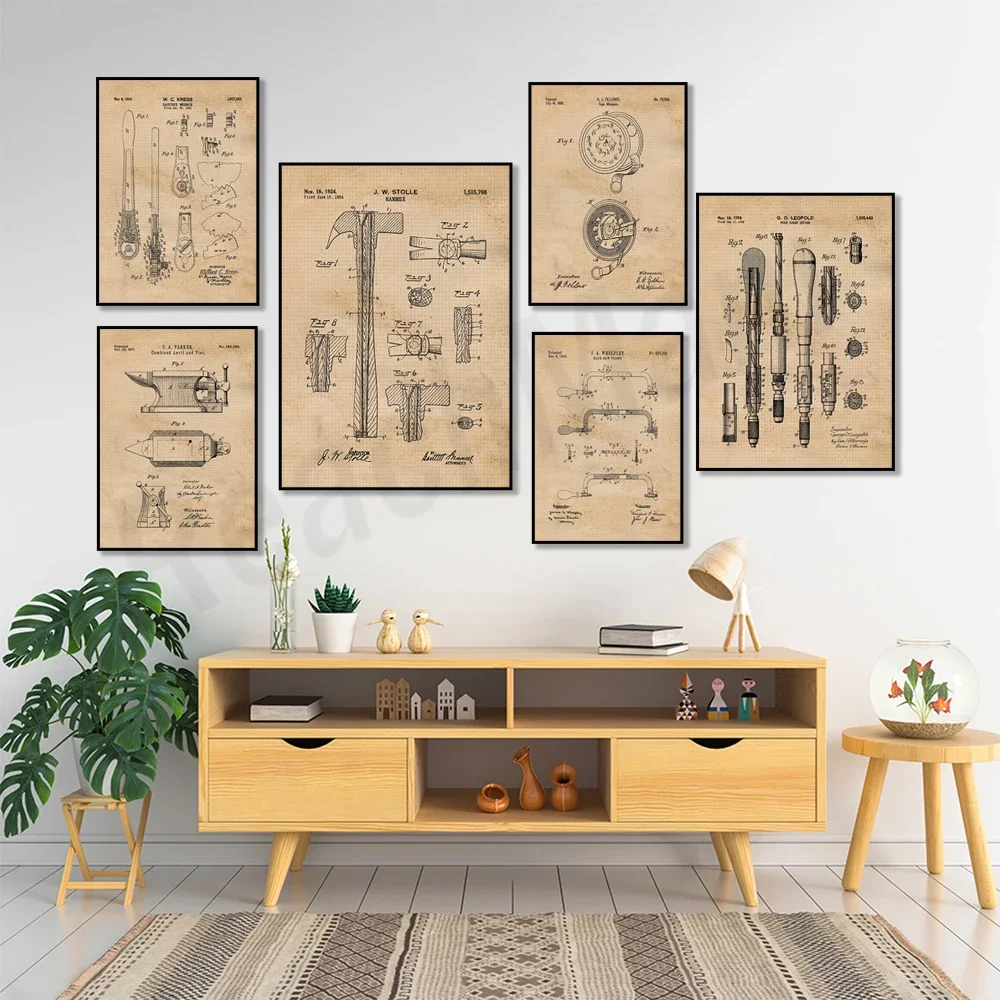 Vintage construction tools patent print, man cave garage machinery building construction art poster, engineer construction gift