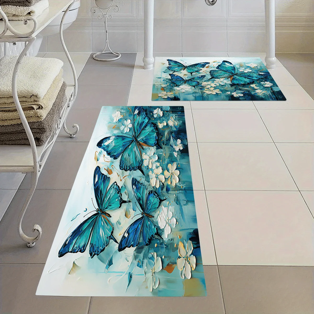 2pcs/ 3pcs Oil Painting Style Butterfly Printed Bathroom Floor Mat Set, Home Decoration Area Carpet, Machine Washable, Wash Ba