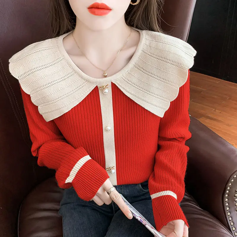 Autumn Winter Korean Slim Beading Spliced Peter Pan Collar Sweaters Women\'s Clothing Fashion Contrast Color Knitted Pullovers