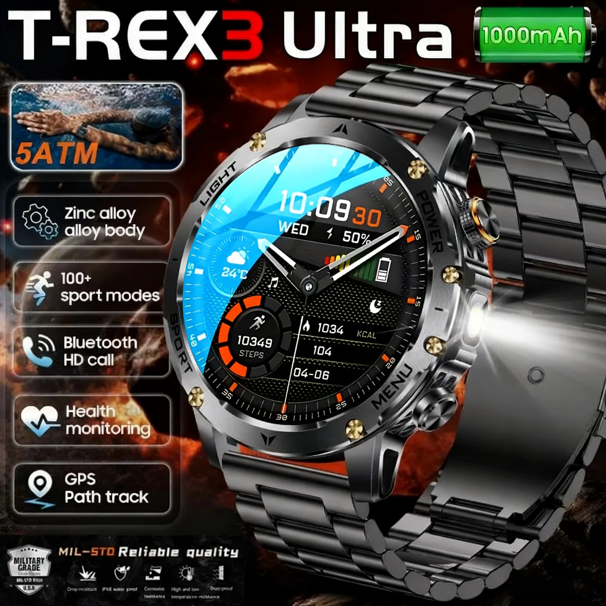 

2025 New Military T-Rex 3 Ultra 1000mAh Battery Smart Watch 5ATM Waterproof Flashlight Heart Rate Sports tracker Smartwatch Men