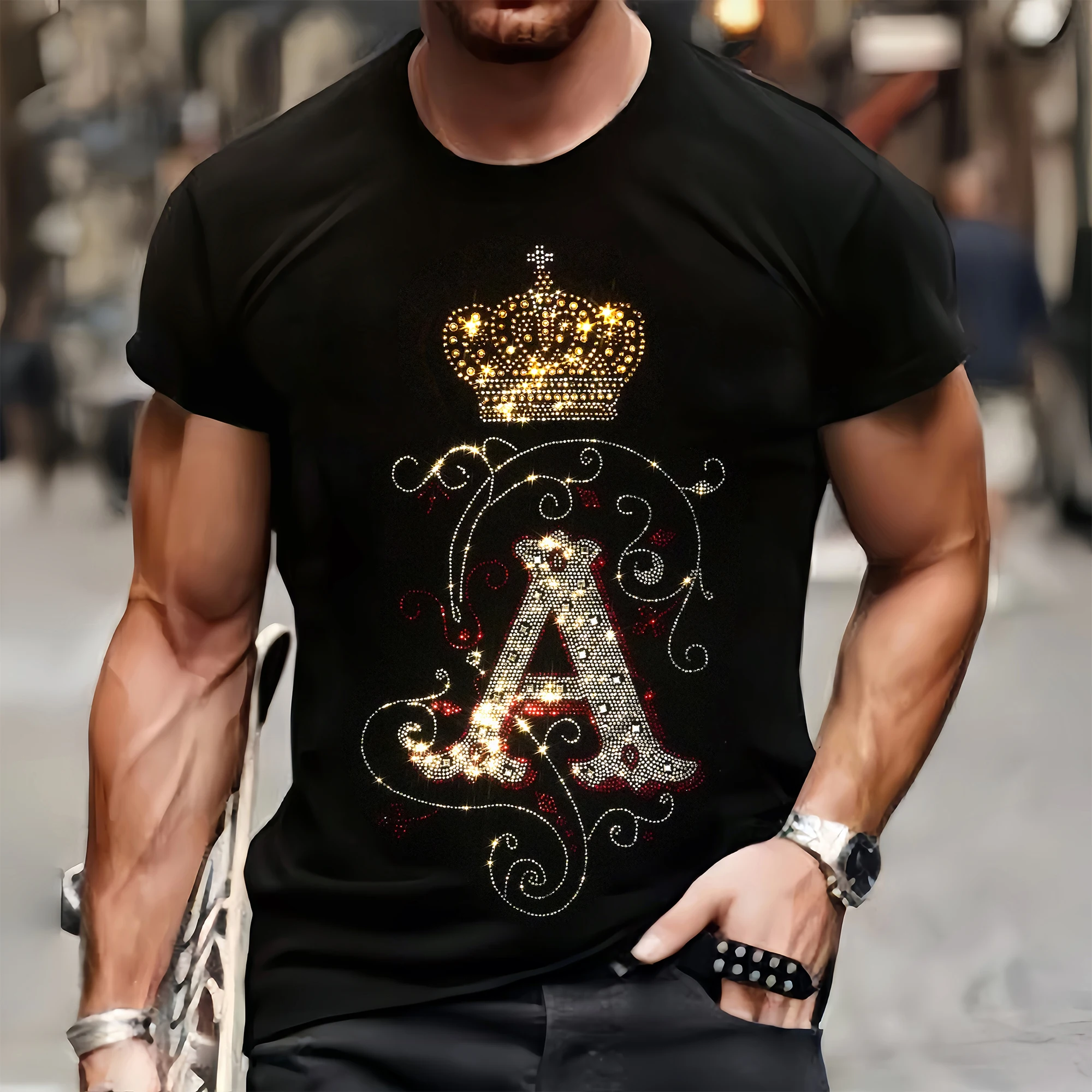 Luxury Mens Quality T-Shirts Summer Casual Street Short Sleeve Clothing Tee Tops O-Neck Letter Rhinestone Party Tshirt Y2k New