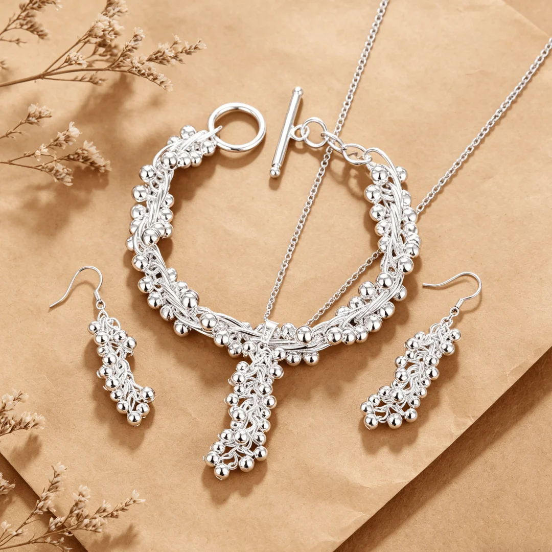 

925 Sterling Silver Fine Grape Beads Pendant Earrings Bracelet Necklace Jewelry Set for Women Fashion Wedding Party Holiday Gift