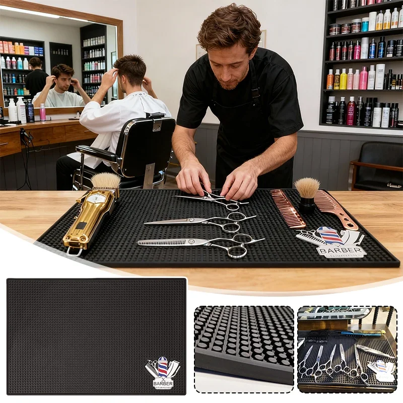 

Anti Slip Barber Station Mat Black Heat-Insulating Non-slip Pad for Scissores Combs Trimmers Brushes Hairdresser Tool Organizer