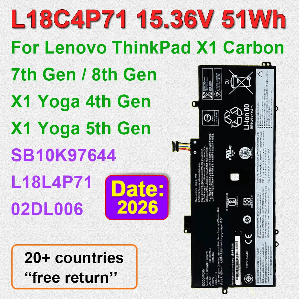 DODOMORN Laptop Battery For Lenovo ThinkPad X1 Carbon 7th/8th Gen 2019 2020,X1 Yoga 4th/5th Gen L18C4P71 L18L4P71 SB10K97644 OEM