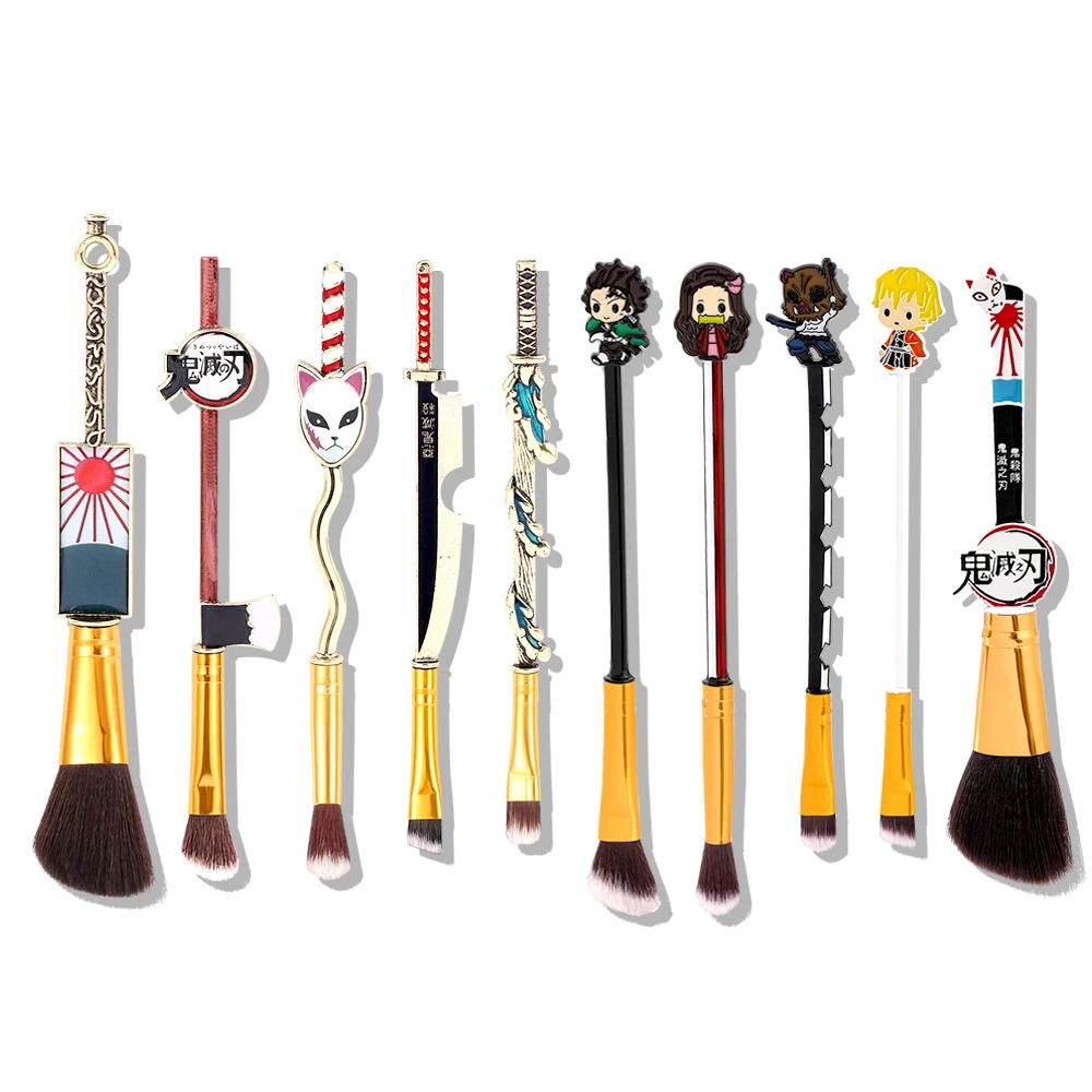 5PCS Demon Slayer Kimetsu no Yaiba Makeup Brushes Cosplay Tool Set Women Powder Eyeshadow Face Cosmeitcs Fan Collect