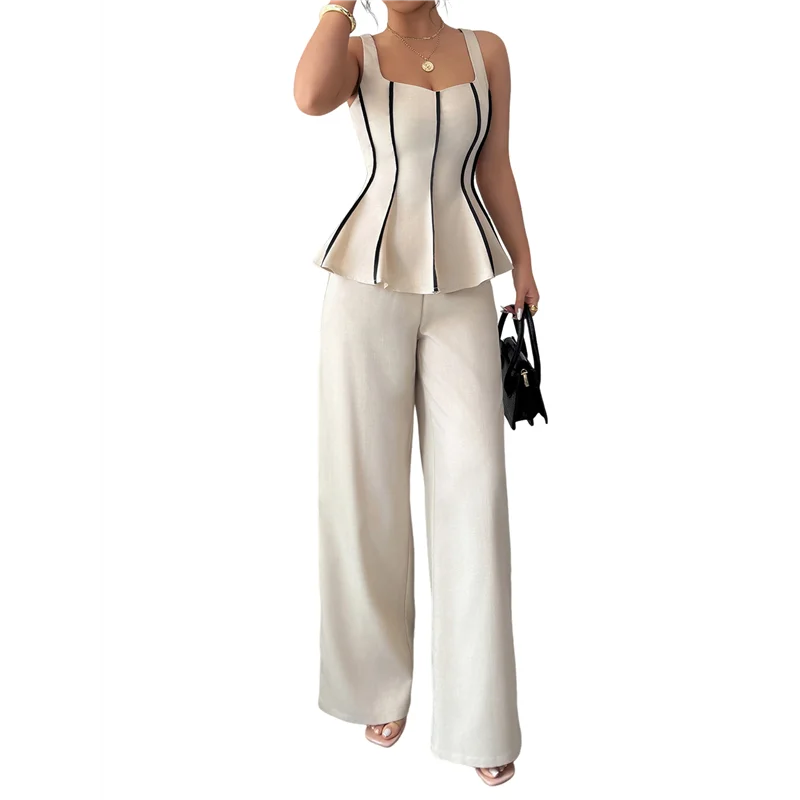 CYL-レディースカジュアルビジネスサマー2ピーススーツスリムフィットエレガントベスト＆ワイドレッグパンツスーツ