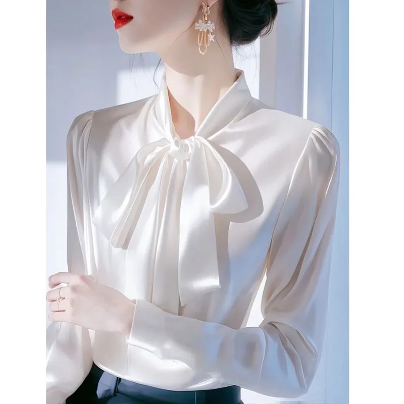 French Bow Tie Tied White Satin Shirt for Women in Early Spring 2025, New High-end Long Sleeved Professional Shirt