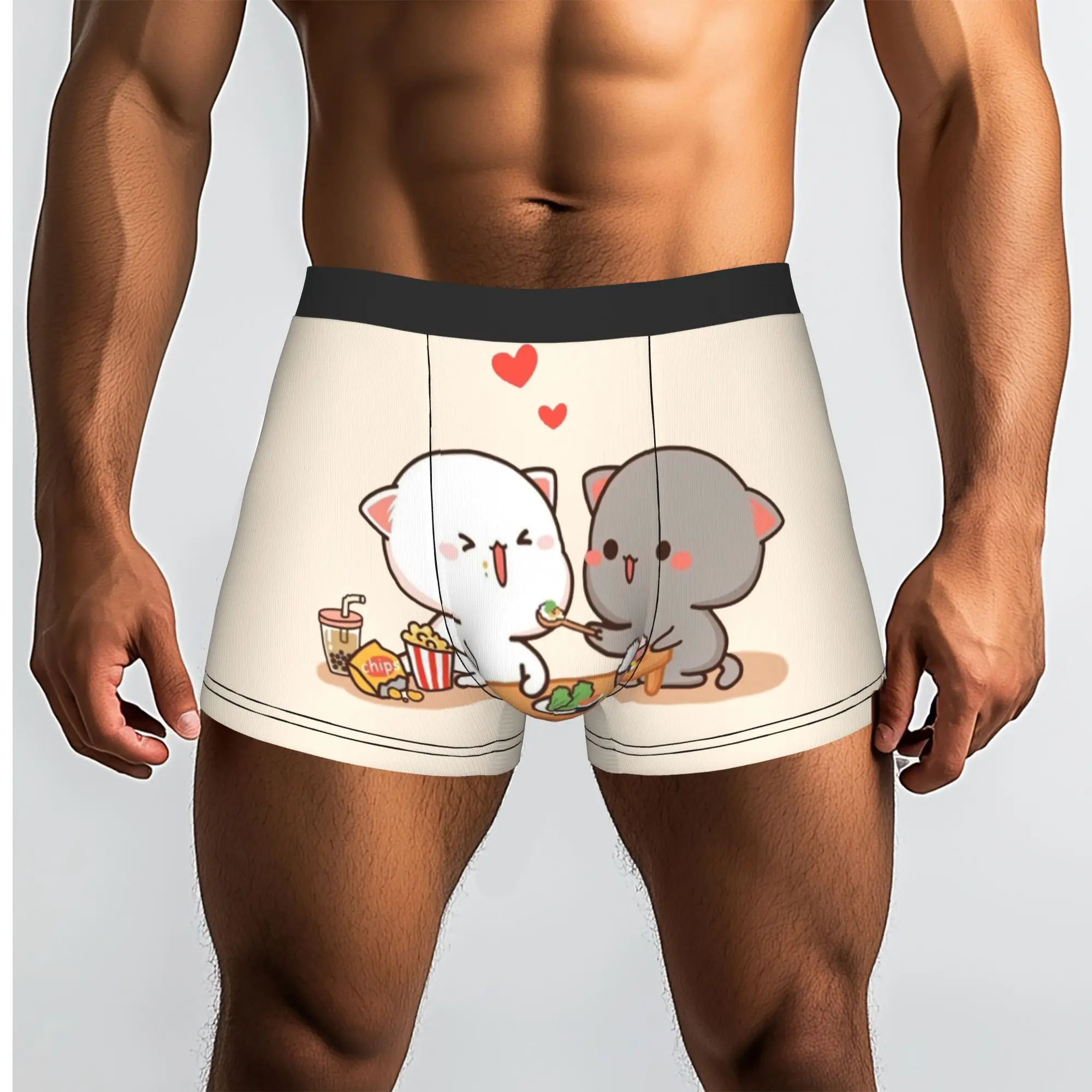 Custom Cute Mochi Peach And Goma Cat Underwear Men Breathable  Boxer Briefs Shorts Panties Soft Underpants For Homme