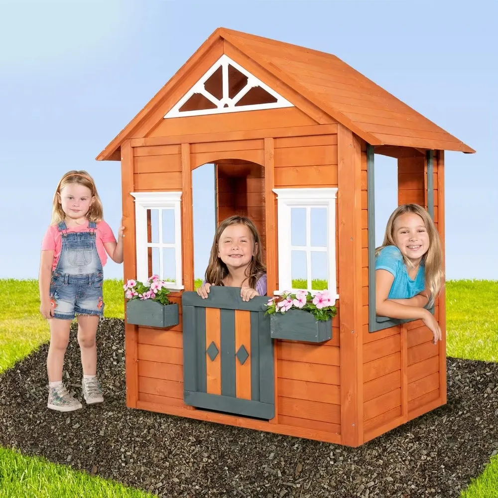 Outdoor Backyard Playhouse with Flower Boxes, Wooden Playhouse with Pot Holders, Working Door, Windows for 3-7 Years