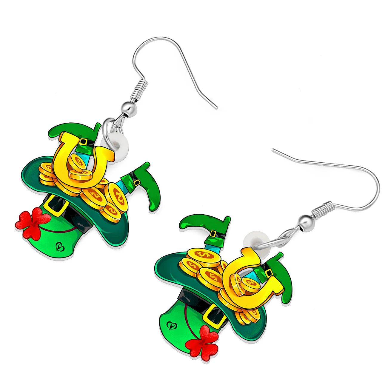 BONSNY Acrylic St Patricks Day Hat Earrings Green Shamrock Gold Coin Dangle Irish Holiday Jewelry Good Luck Gifts For Women Mom - view 3