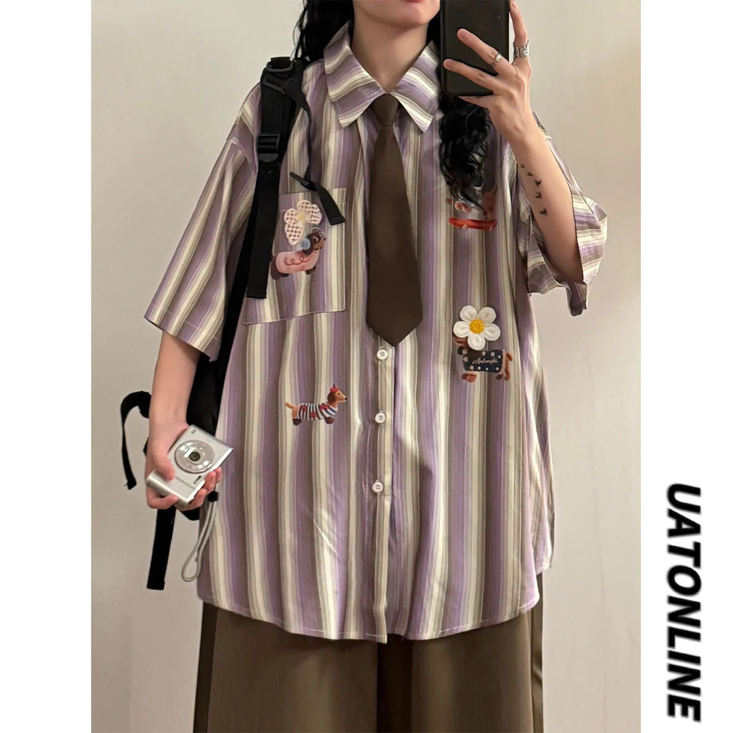 

UATONLINE2026 Летняя женская рубашка в японском ретро-стиле с коротким рукавом, с принтом собаки, в вертикальную полоску, свободного кроя, уличный стиль