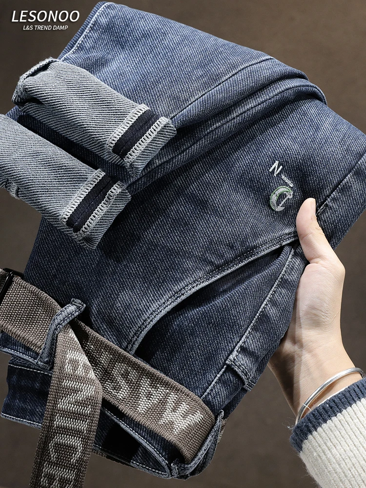 

Модные мужские джинсы с высокой талией из хлопкового стрейч-денима, прямого кроя, повседневные, с высокой эластичностью, молодежные, городские, стильные