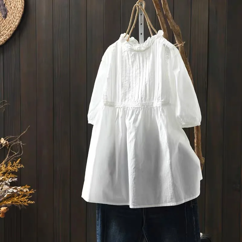 Mori Girl Sweet Pure Cotton Green Short Sleeve Ruffle Collar Shirts, Japanese Vintage Lace Pleated Casual A-Line Blouses