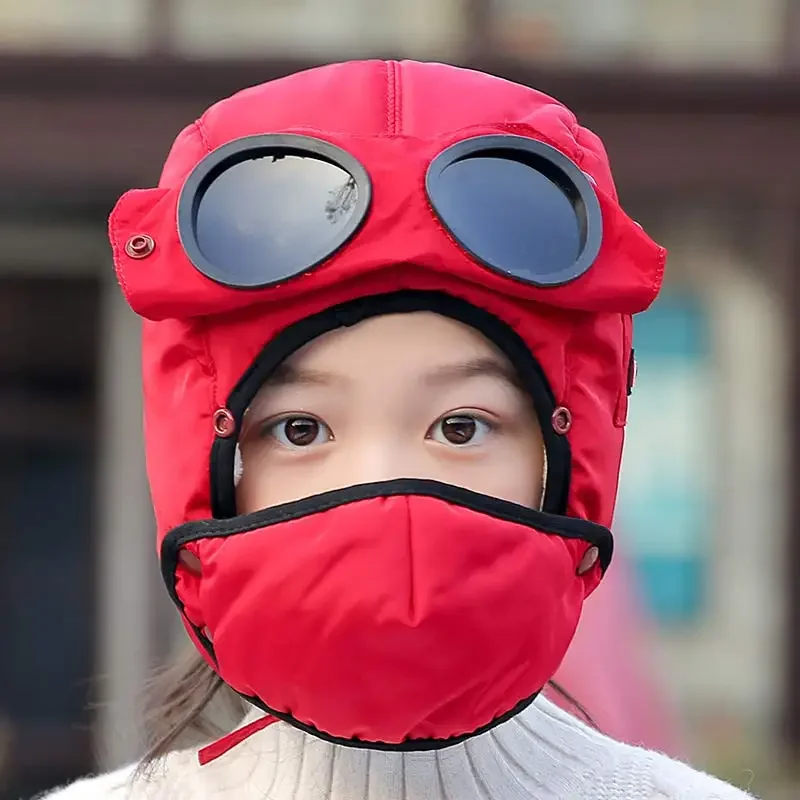 Gorros de bombardero de invierno para niños de 5 a 10 años, máscara de pasamontañas, gorro de lana forrado a prueba de viento, orejeras para niños y