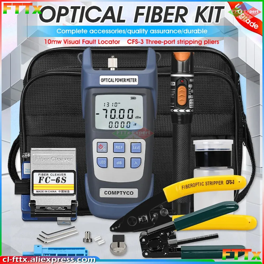 

19pcs/set FTTH Fiber Optic Tool Kit with FC-6S Fiber Cleaver -70~+10dBm/-50+26dBm Optical Power Meter 10mw Visual Fault Locator