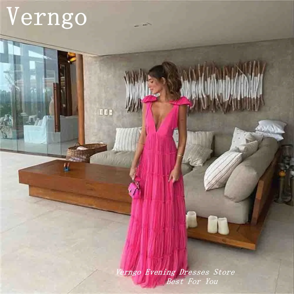 Verngo Pink Spaghetti Straps A Line Prom Gowns Deep V Neck A Line Party Dress For Women Simple Beach Backless Evening Dress