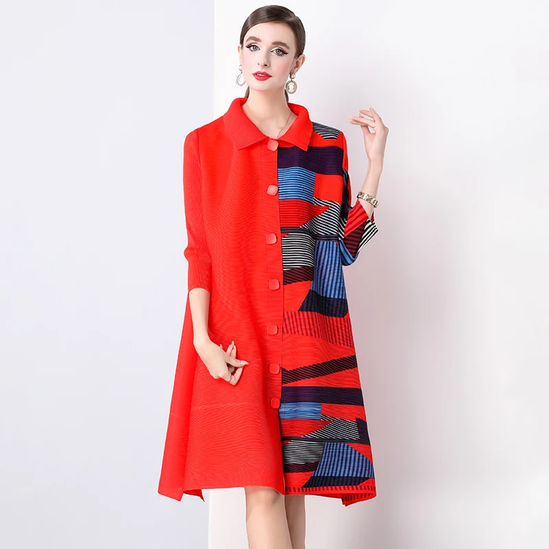 Miyake Pleated Oversize Draped Dress Women Lapel Print Loose Large Size Fat Thin Single-breasted Cardigan Dresses 2024 Autumn