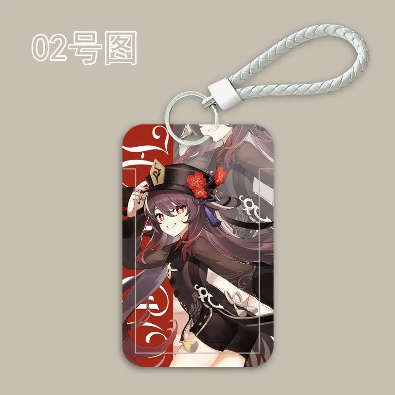 مجموعة غطاء بطاقة تأثير Genshin أنيمي ، حامل بطاقة الطالب Hu Tao ، سلسلة مفاتيح كم واقية قابلة للسحب