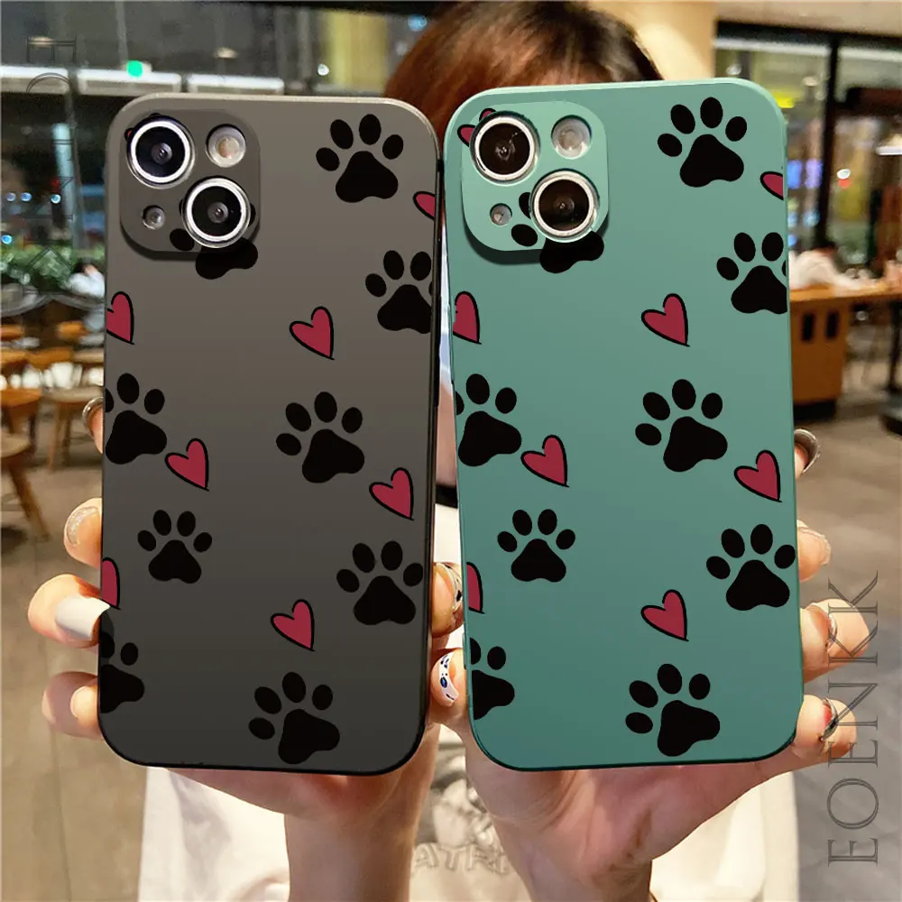 

Black Phone Case for iPhone 15 16 Pro Max 14 13 ProMax 12 Mini 11 X XS XR 7 8 Plus SE 2020 Cat Footprints Love Print Back Cover