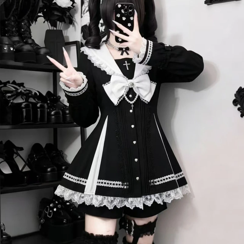 Japanischer Gothic Y2k Lolita-Stil Schleifenkleid-Shorts-Set Damen Elegantes Spitzen-Langarmhemd Partykleider Schlankes Minikleid