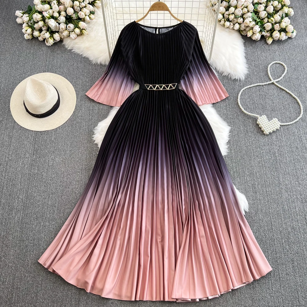 

Retro Gradient Pleated Elegant Dress Half Sleeve Casual O-neck High Waist Dress Women Summer