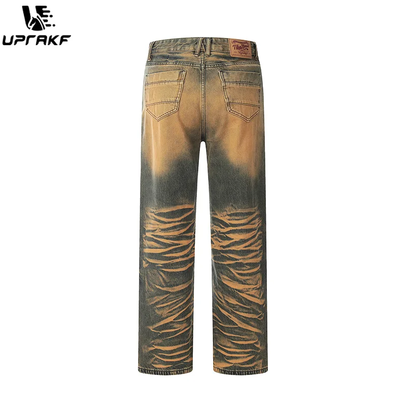 UPRAKF Pocket Jeans Distressed Denim Autumn Fashion Loose Basic High Street Pants Casual Pantalones
