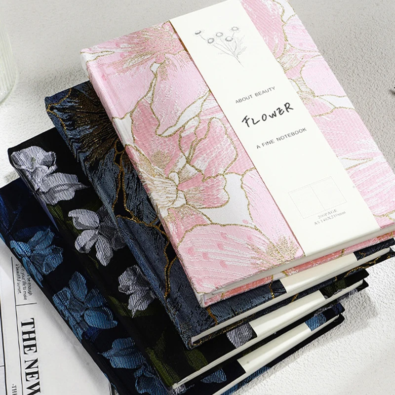 Peony Fabric Notebook A5 Lined Hardcover Golden Glitter Floral Diary Star Flower Pattern Office Student Writing Notepad
