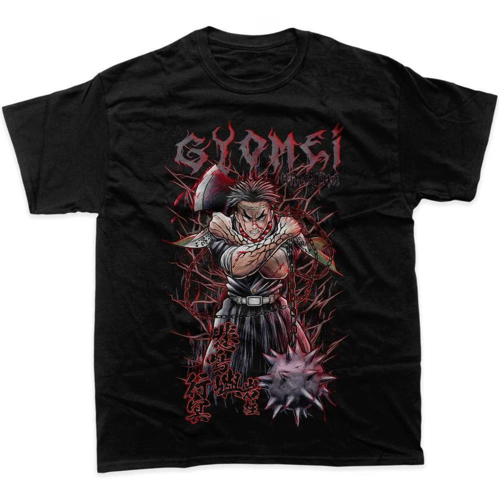 

Demon Slayer T-Shirt Gyomei Himejima Anime Graphic Tee Bloody Nichirin Sword with Spiked Ball Weapon Black Red Cotton