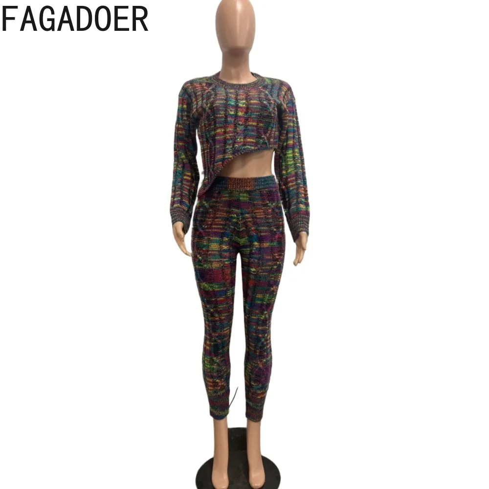 FAGADOER Casual Multicolour Knitting Skinny Pants Two Piece Sets Women Round Neck Long Sleeve Crop Top And Pants Outfits 2024