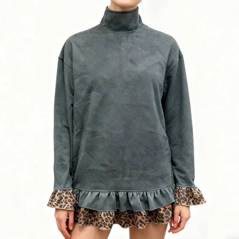 

Autumn Y2K Kpop Retro Ruffled Leopard Trim Dress Women's Turtleneck Flare Sleeve Fashion Woman Tops Mini Dress Casual Streetwear