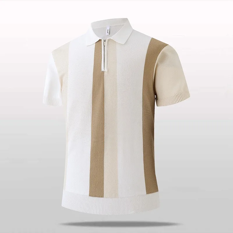

Men's Half Zip Knit Polo Shirt Color Block Vertical Stripes Short Sleeve Turn Down Collar Casual Retro Top