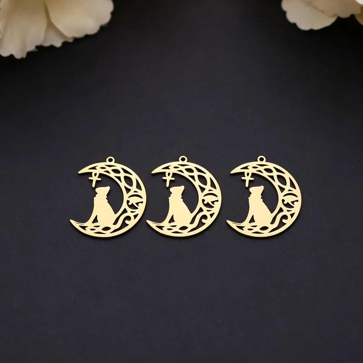 3pcs Crescent Moon Cat Charms Stainless Steel Hollow Moon Animal Pendant for DIY Jewelry Making Earrings Necklace Bracelet