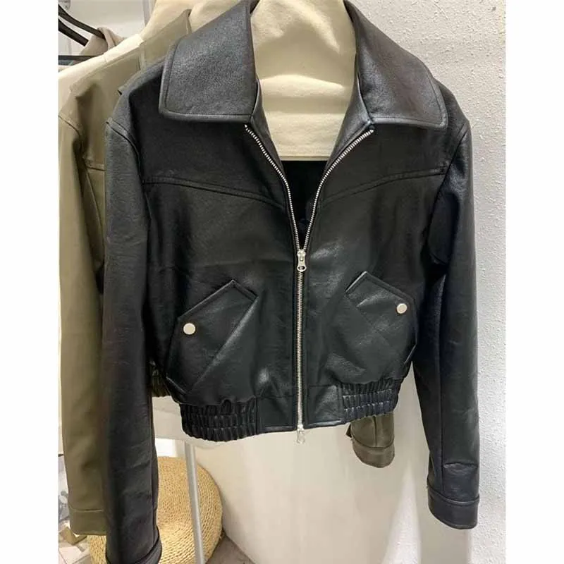 Female Short Leather Outwear Spring Autumn Lady Fashion Zipper Faux Leather Tops Korean Women Flip Collar PU Leather Coat