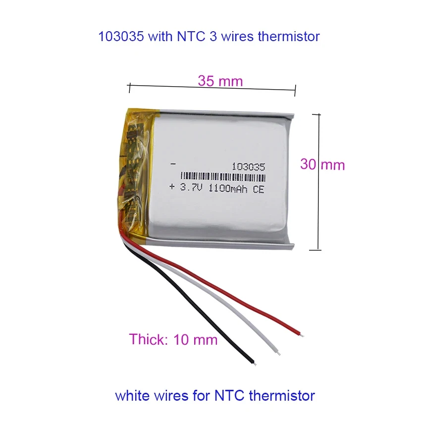 3.7v 1100mah 4.07Wh NTC 3-Wires Thermistor Li Lithium Battery 103035 Li-ion Repair GPS Bluetooth Speaker Headphones Headset LED