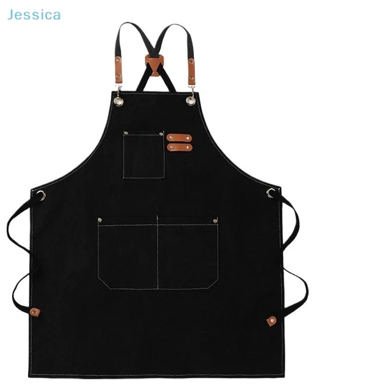 ♥Black Denim Apron with Multiple Pockets Adjustable Straps & Leather Accents, Ideal for Kitchen,Barista,Craft & Workshop Use