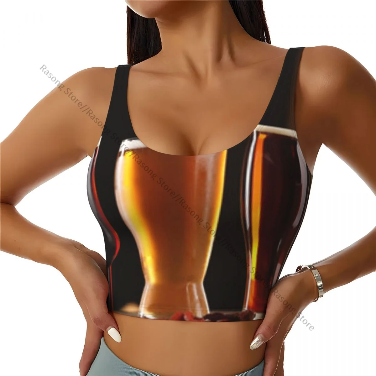

Women Sexy Sports Vest Glasses With Beer And Snacks Female Streetwear Sport Lingerie Tee Crop Top