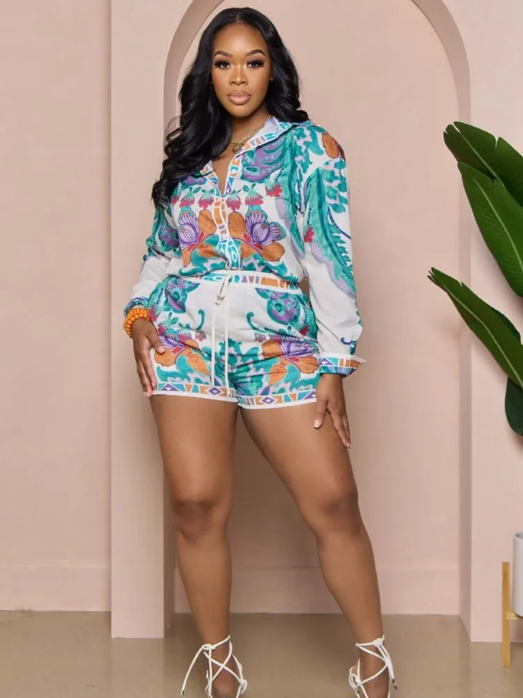 Frauen 2 Stück Sets Outfit Mode druck Sommer Herbst Langarmhemd & elastische Taille Shorts Set Dame Urlaub Outfits