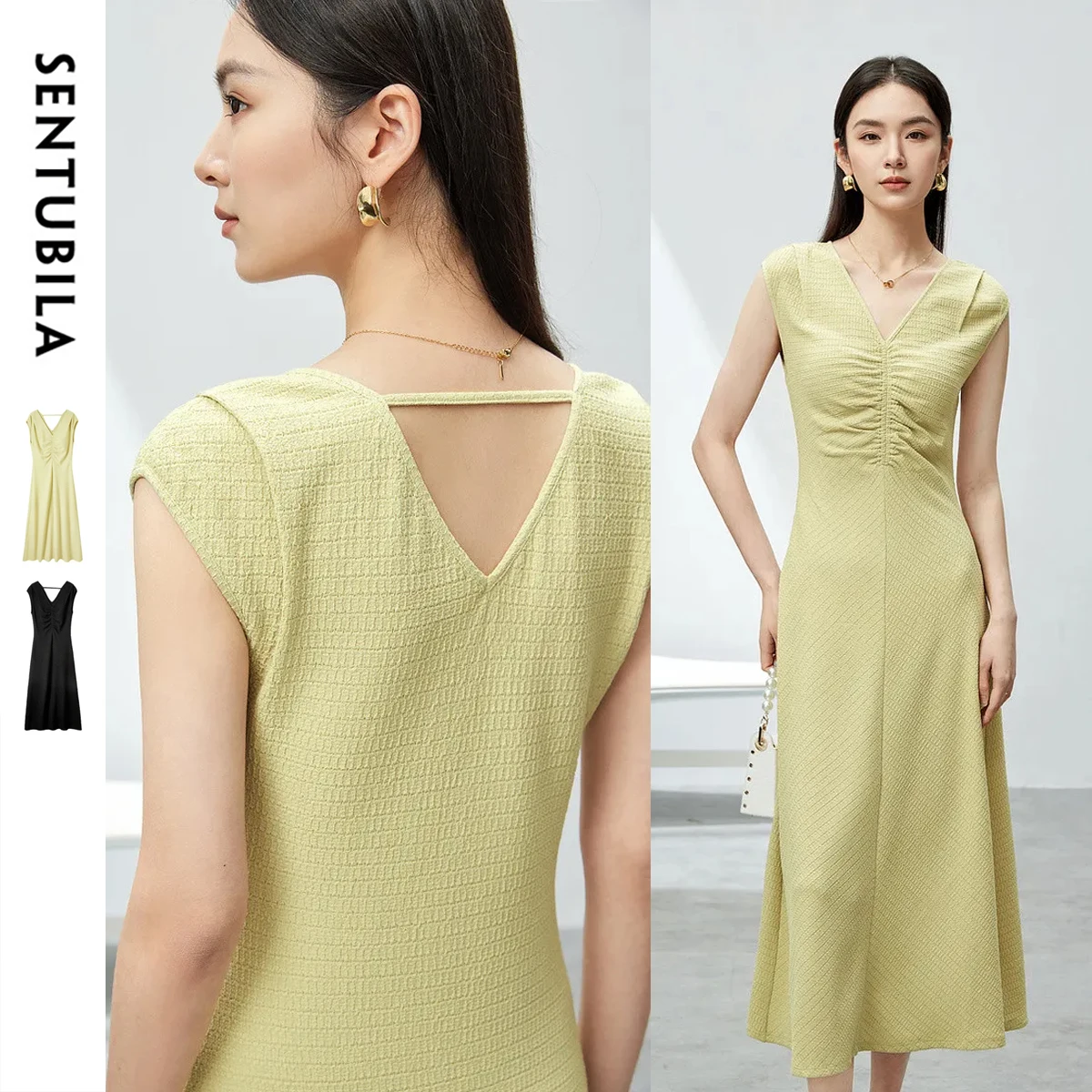 Sentubila feminino com decote em v shirring longo tanque vestido 2025 verão elegante moda sem mangas a linha vestidos de malha mulher 142l54118