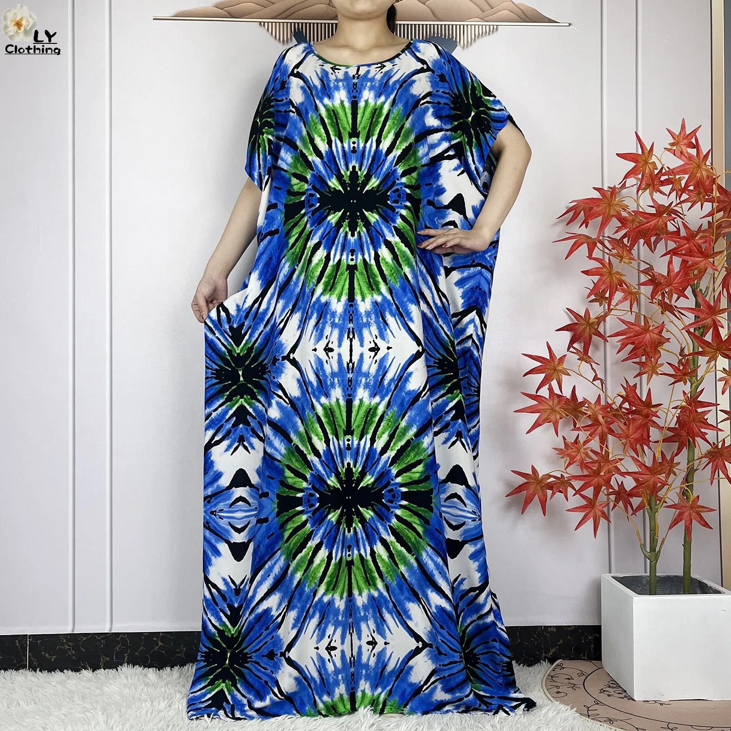 Summer Dubai Fashion Lady Clothing Soft Cotton Tie-dyed Loose Maxi Islam Women Short Sleeve African Abaya Dress With Big Scarf