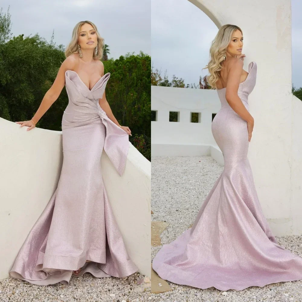 

Customized Prom Dress Sexy V-neck Mermaid Floor Length Evening Party Dresses Ribbon Trim Hugging Satin Gown for Women