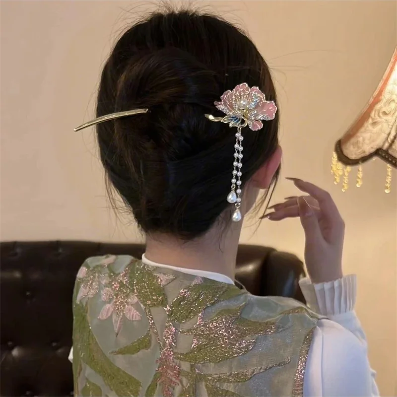 Tassel Hanfu Hair Chopsticks Headpieces U Shape Pearl Flower Hair Fork Hairpin Hair Accessories Chinese Style Hair Stick Party view 3