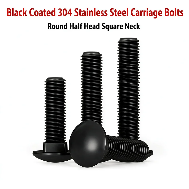 Black Coated 304 Stainless Steel Small Head Carriage Bolts Round Half Head Square Neck Fasteners For Cable Tray M3 M4 M5 M6 M8