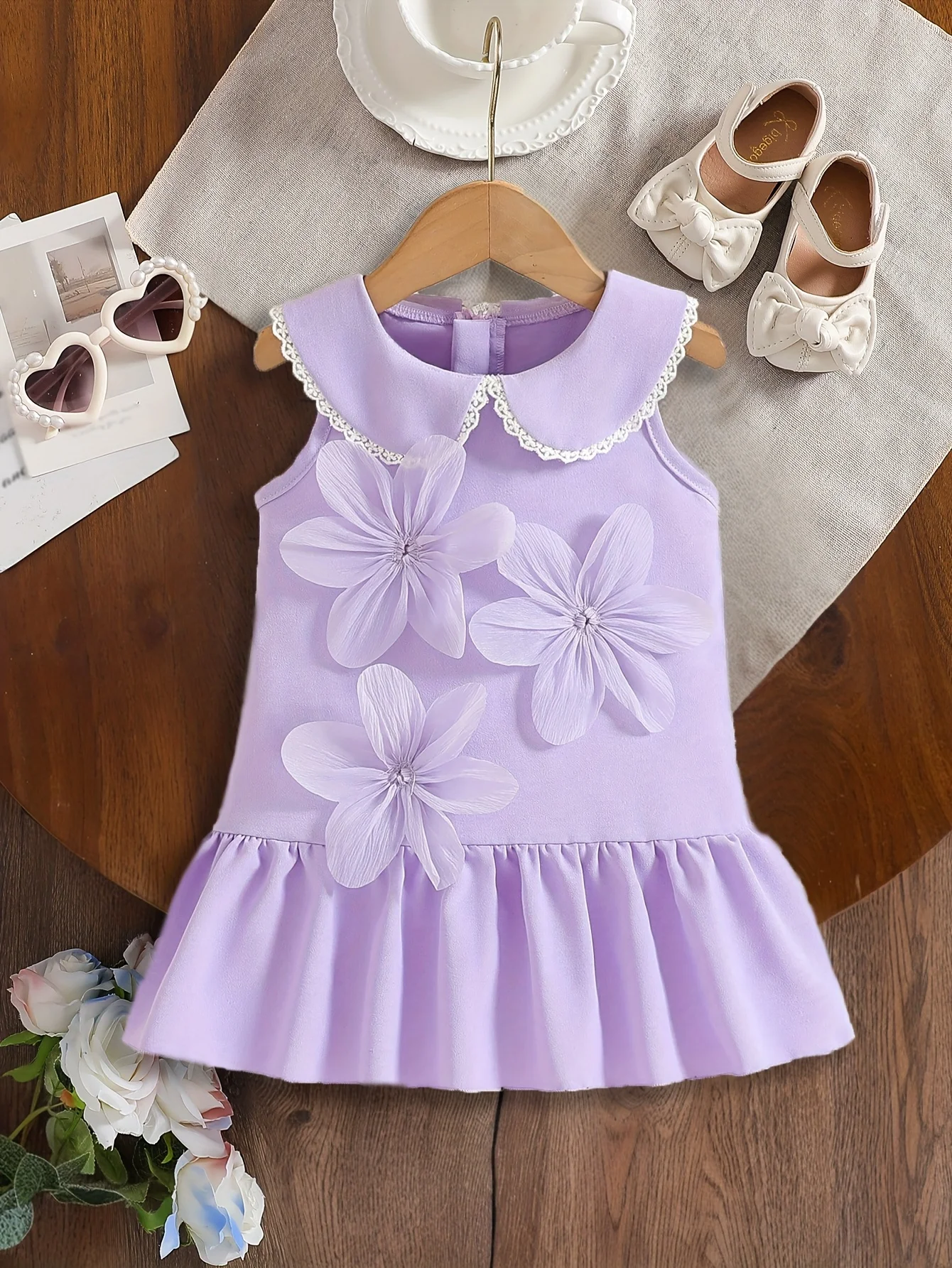 

Baby Girl Summer Light Purple Petal Dress: Peter Pan Collar & 3D Flowers | Princess Gown & Valentine's/Birthday Gifts