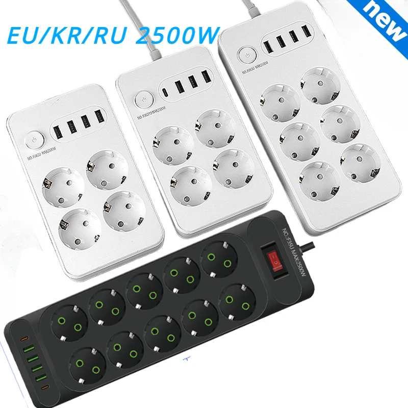 EU KR Power Strip Electric Sockets 13A 2500W 6 8 10 Outlets with USB 5V 2.1A TYPEC Extension Cable Plug Office Home Socket