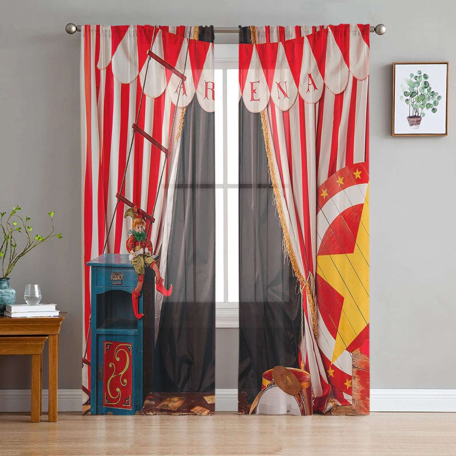 

Red Stripes Clown Doll White Drum Sheer Curtains Living Room Window Tulle Curtains Bedroom Veiling Curtains Decor Luxury Drapes