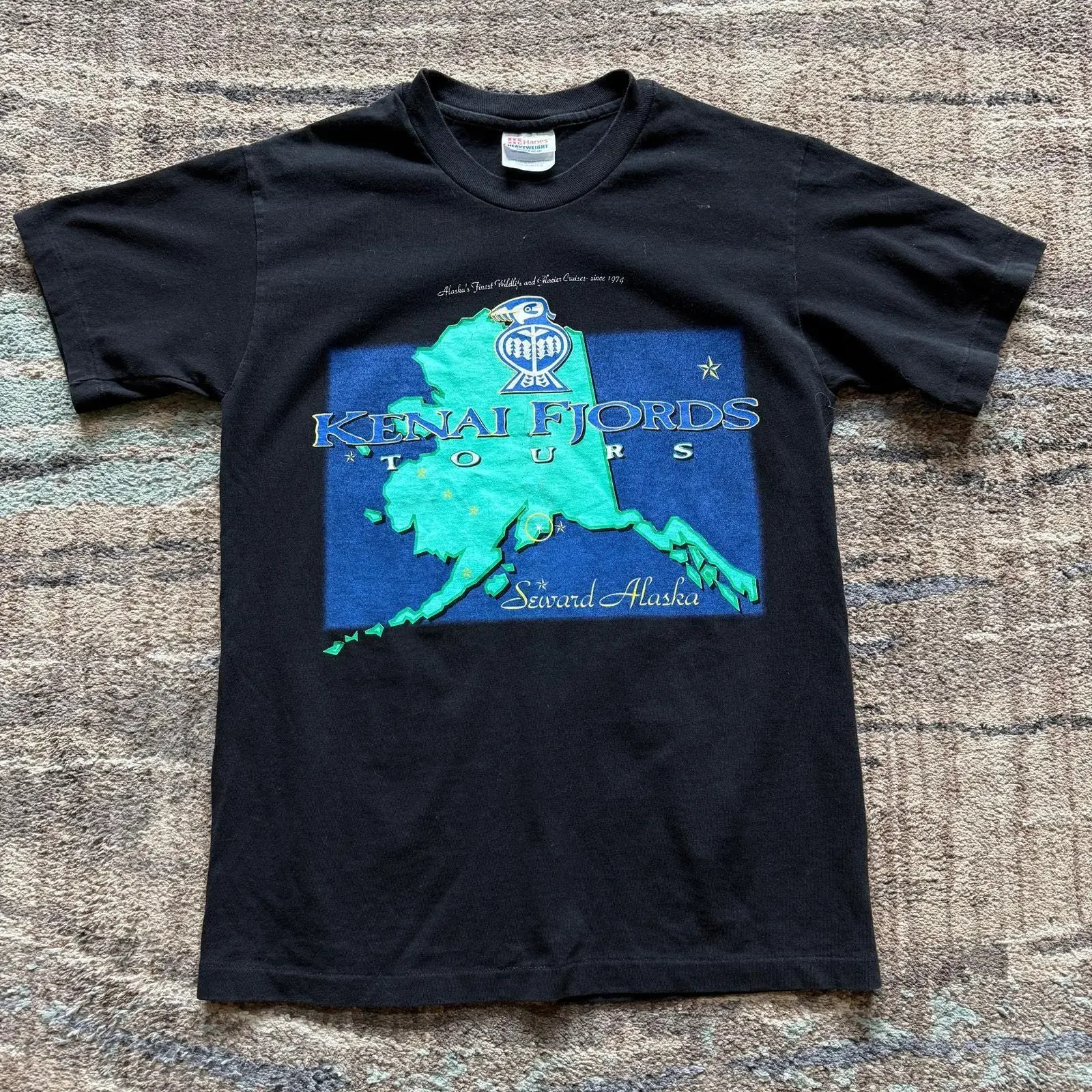 Vintage 90's Kenai Fjords Tours Seward Alaska Black Map T Shirt Sz Small VTG vintage Washed Stretched Slightly fashion