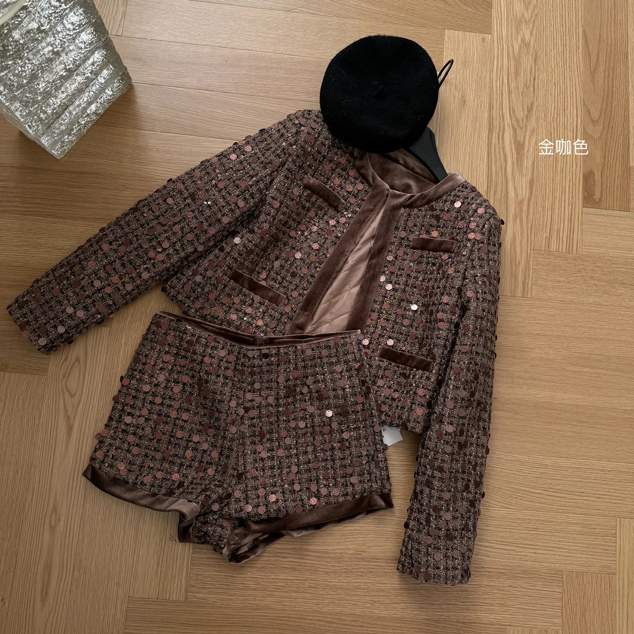 Autumn pink Shorts Tweed Two Piece Suits Women Korean Fashion Luxury Long Sleeve Sequined Jacket+Shorts 2 Pcs Matching Sets chic