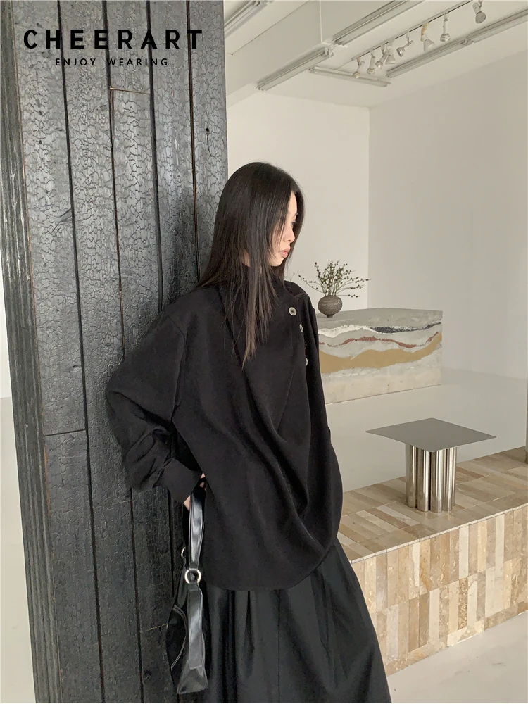 CHEERART Irregular Black Oversized Designer Shirt For Women Long Sleeve Top High Fashion Trending Clothing