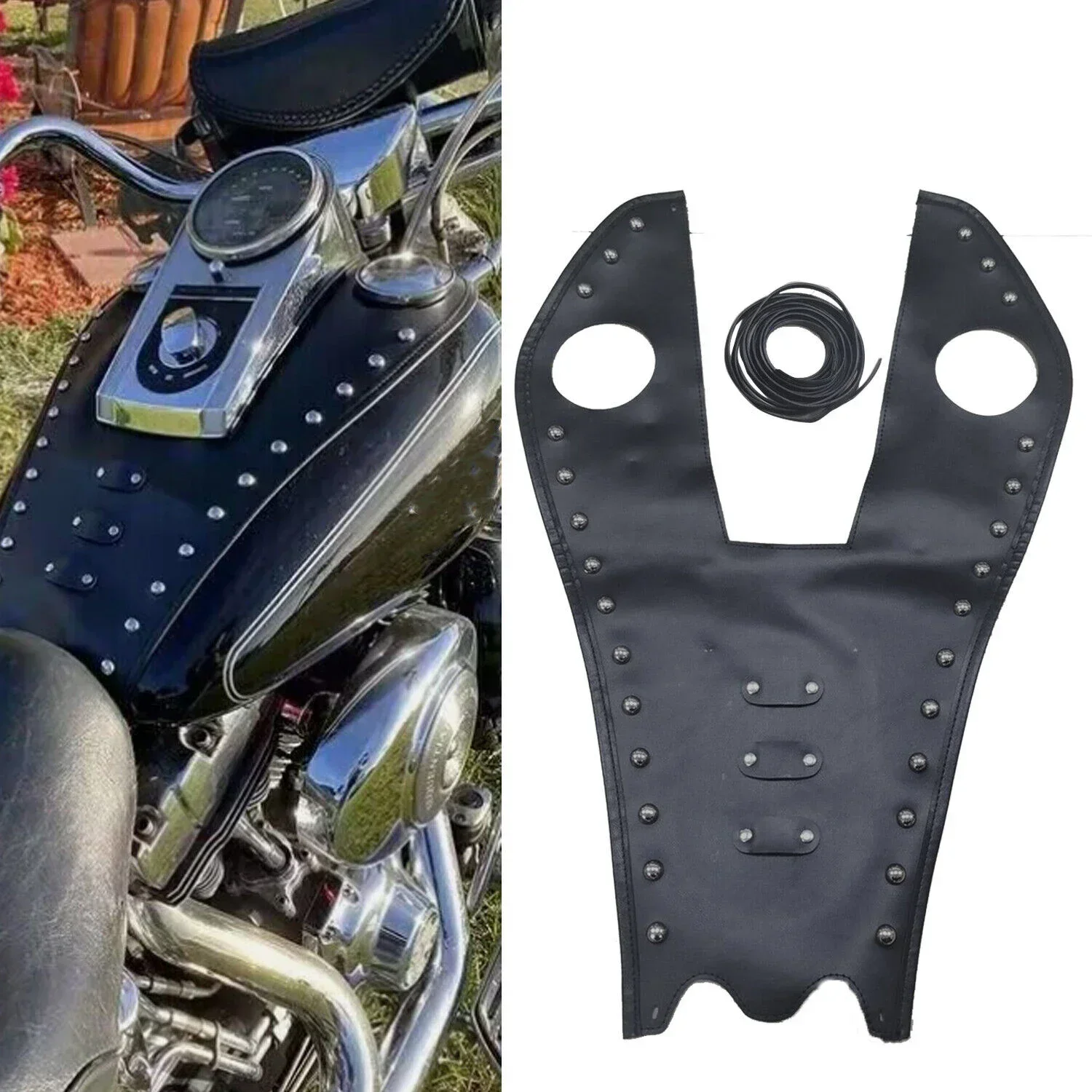 Motorcycle Black PU Leather Rivet Tank Pad Panel Bib Bra Cover For Harley Fat Boy Heritage FLSTF Softail FLSTC Deluxe FLSTN FLS view 2